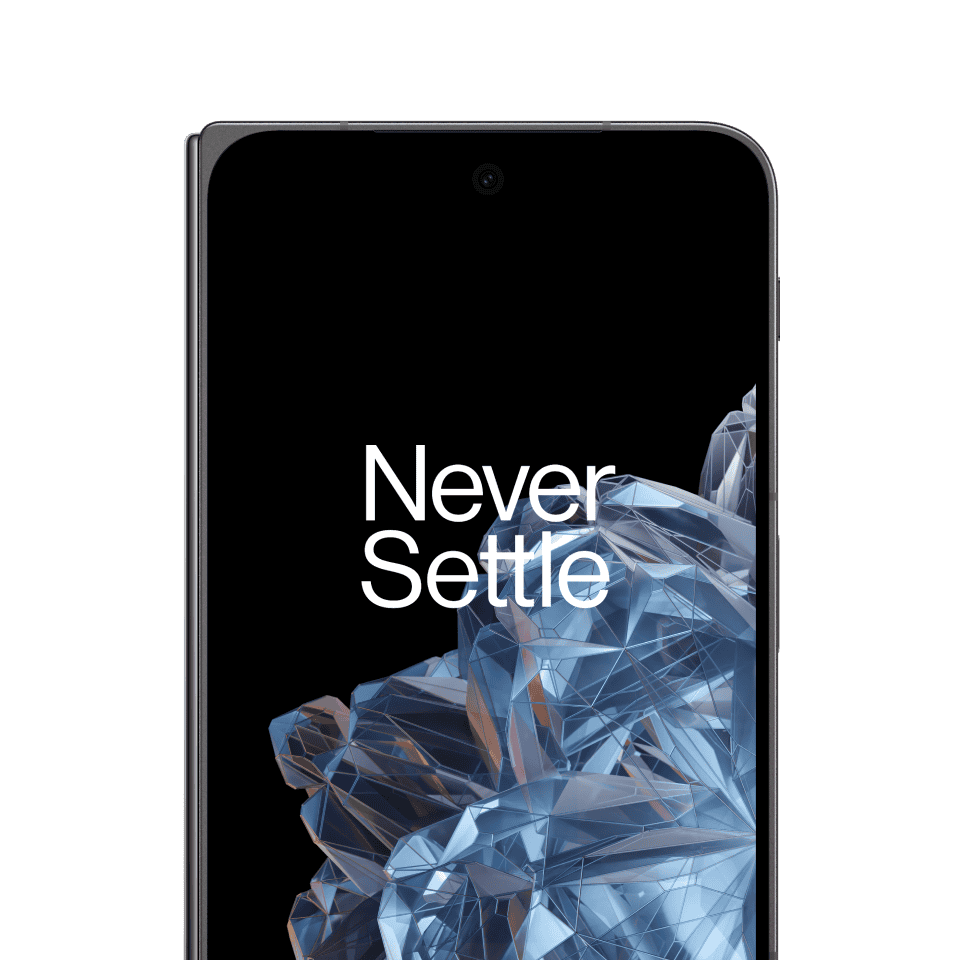 The image shows a smartphone display with the text "Never Settle" against a background of intricate, angular, and shimmering blue and white crystal-like patterns.