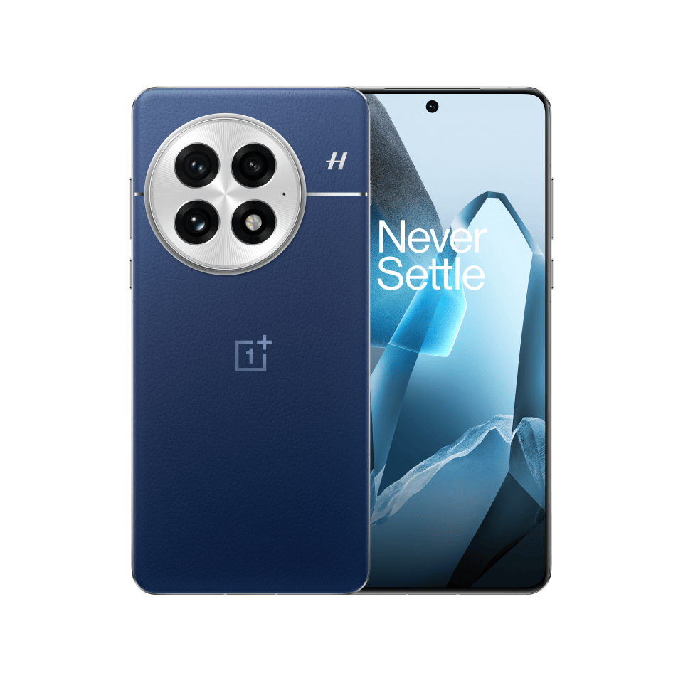 The image shows a blue, rectangular smartphone with a large circular camera module on the back. The phone has the "Never Settle" text prominently displayed on the screen, indicating it is a OnePlus device. The camera module has four lenses and the phone has a sleek, modern design.