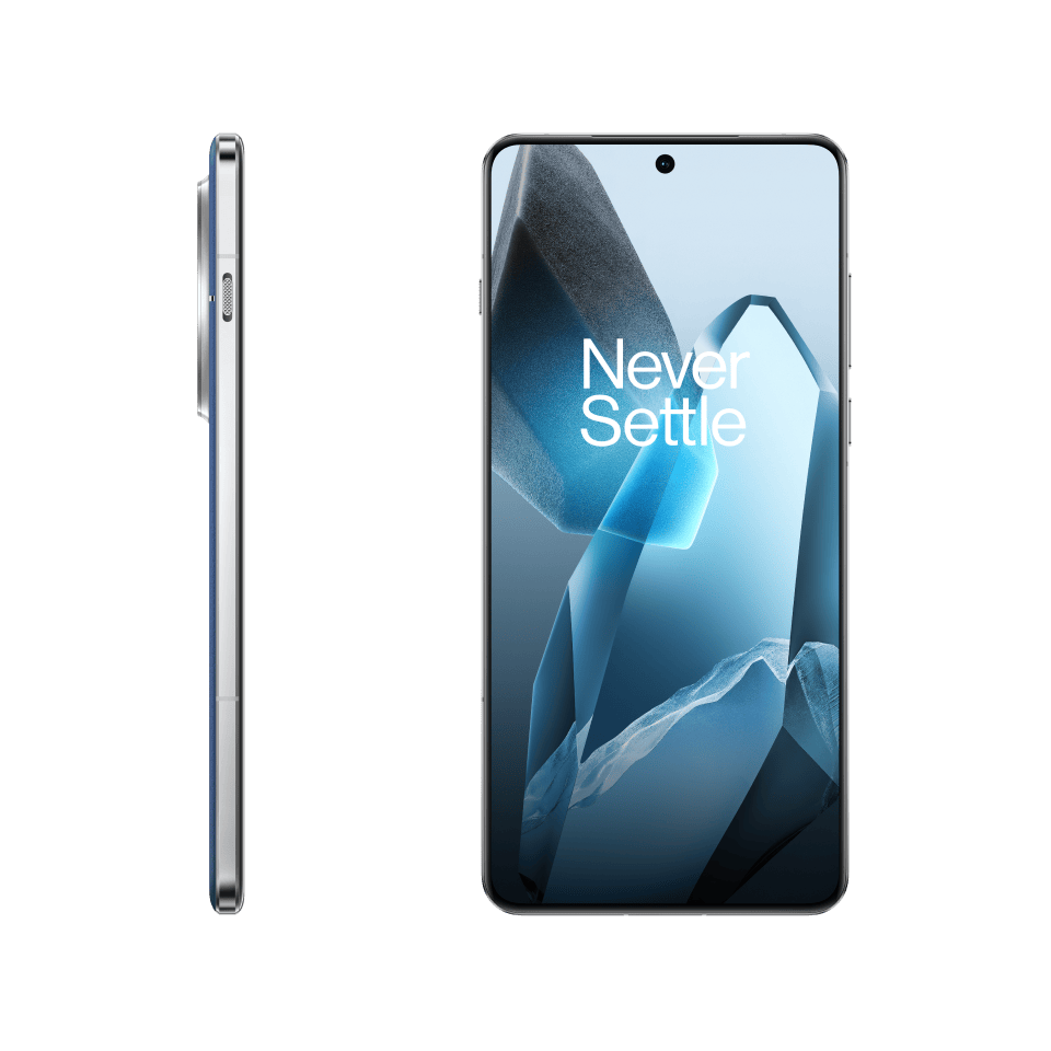 Sleek silver metal smartphone with large display showcasing the "Never Settle" text.