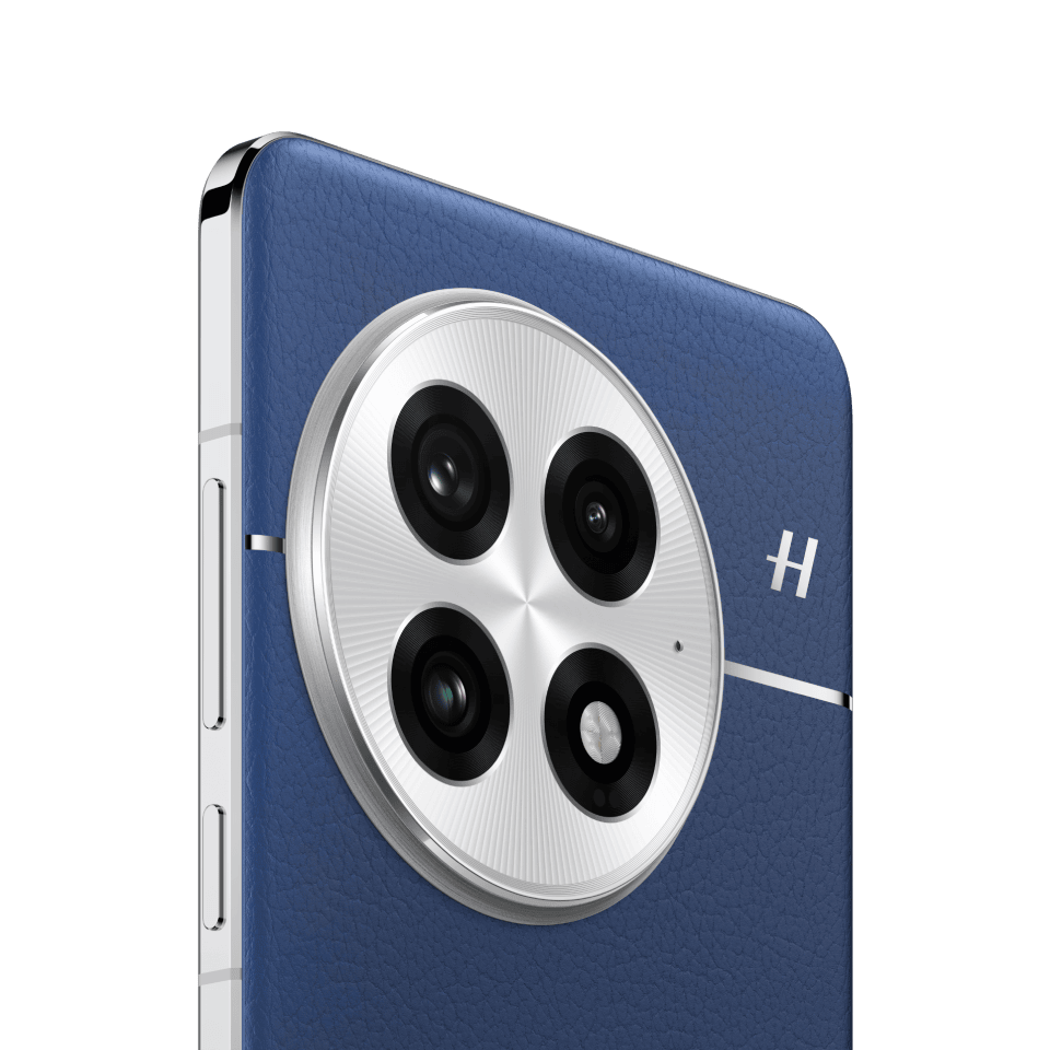 The image shows a sleek, compact smartphone with a blue leather-like body and a circular camera array consisting of four lenses in a silver metal casing.