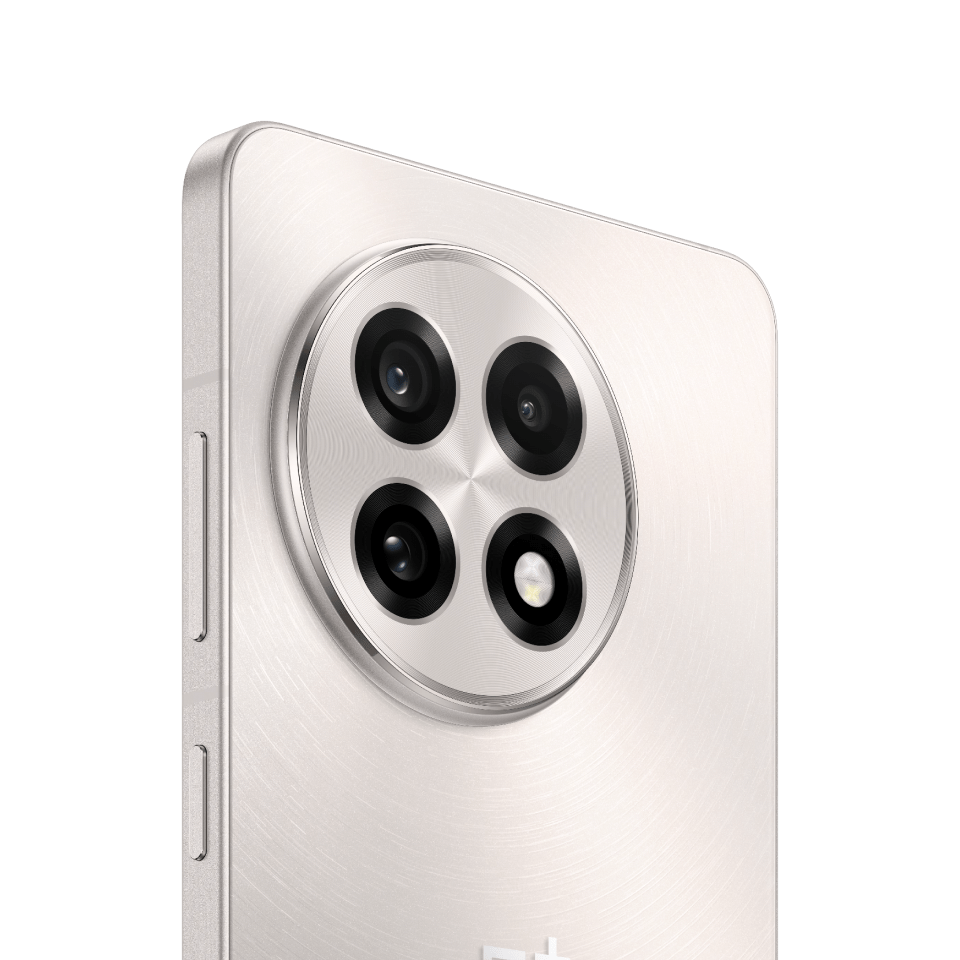 Sleek silver smartphone with four camera lenses.