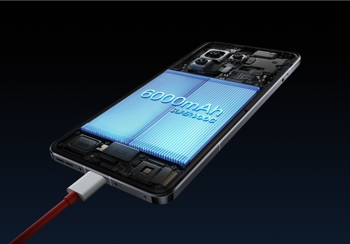 The image shows a disassembled mobile phone with a large blue and white display with the text "6000mAh super doc" prominently displayed, indicating the phone's high-capacity battery.