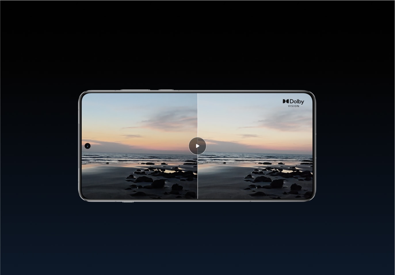 Serene coastal landscape with rocks and ocean at sunset, displaying Dolby Vision technology.