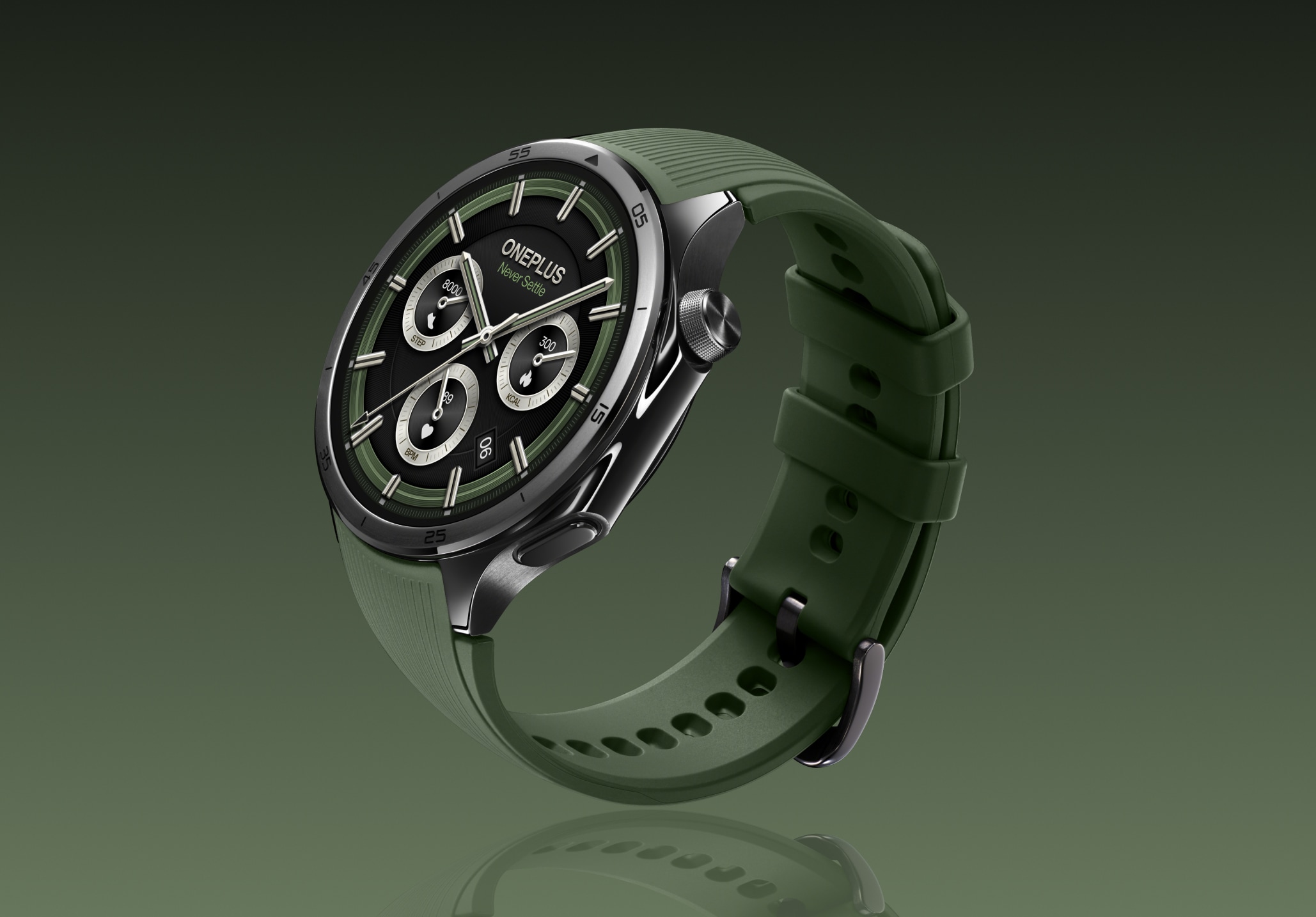 A sleek, dark green smartwatch with a circular dial and multiple features.