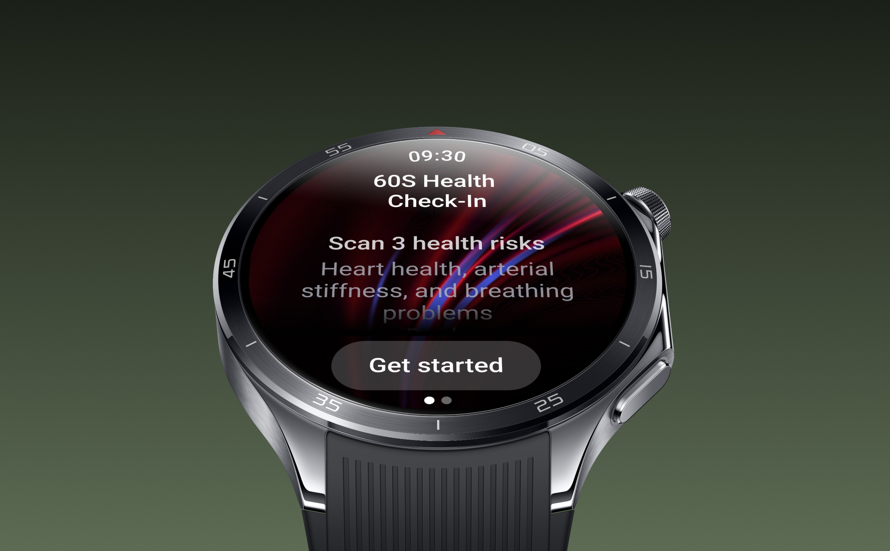 Circular smart watch with a dark screen displaying information about a 60s health check-in and scanning for 3 health risks: heart health, arterial stiffness, and breathing problems.