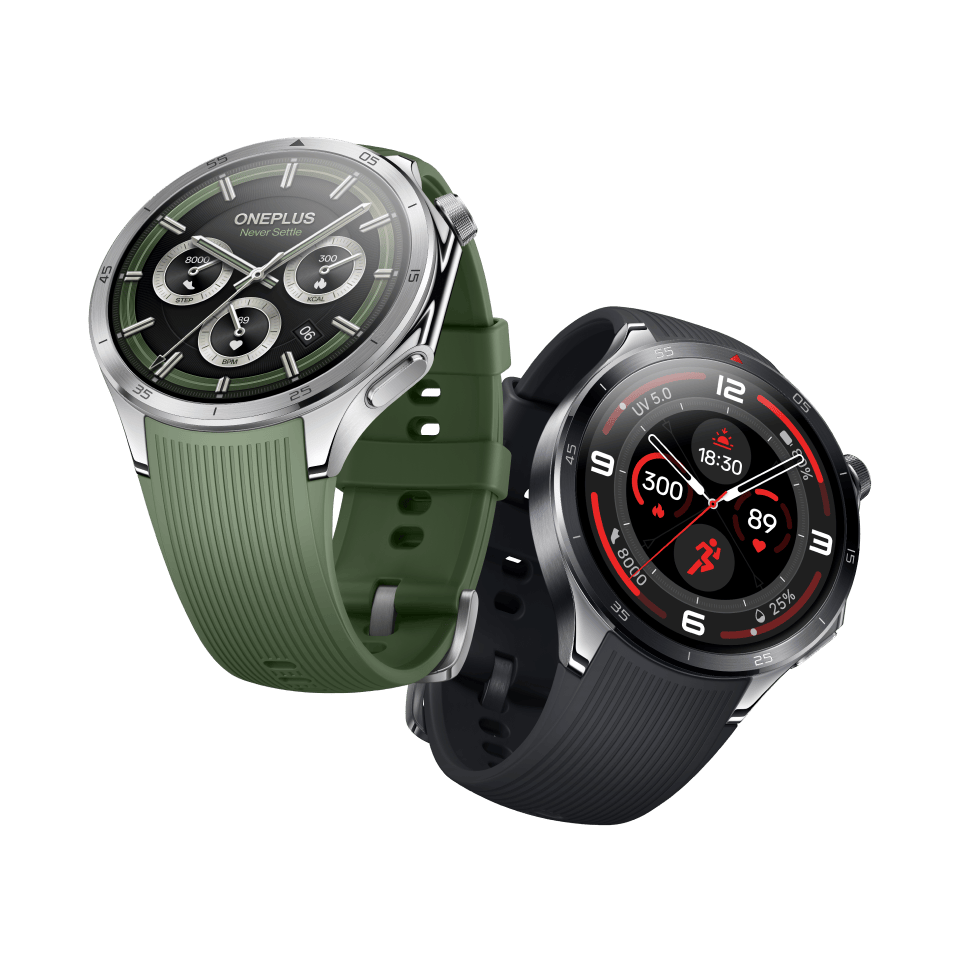 Two stylish OnePlus smartwatches with sleek silver and black designs.