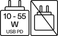 Rectangular black and white power plugs with USB-PD indication.
