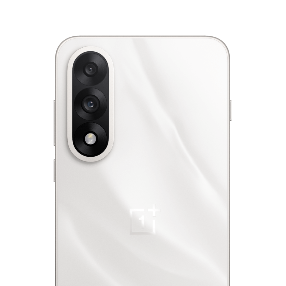 Sleek white smartphone with triple camera lens in corner.