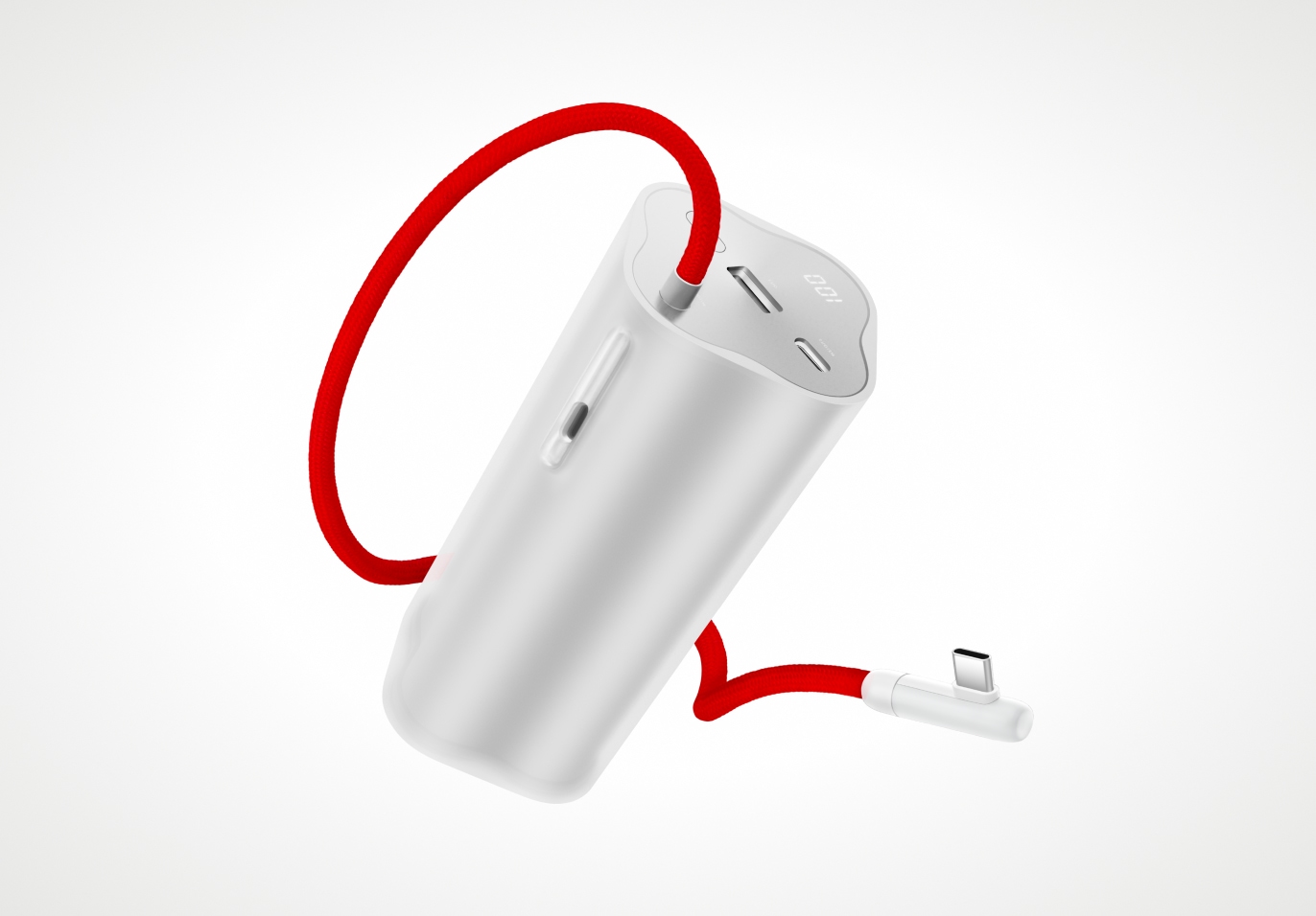 Compact white power bank with red charging cable.