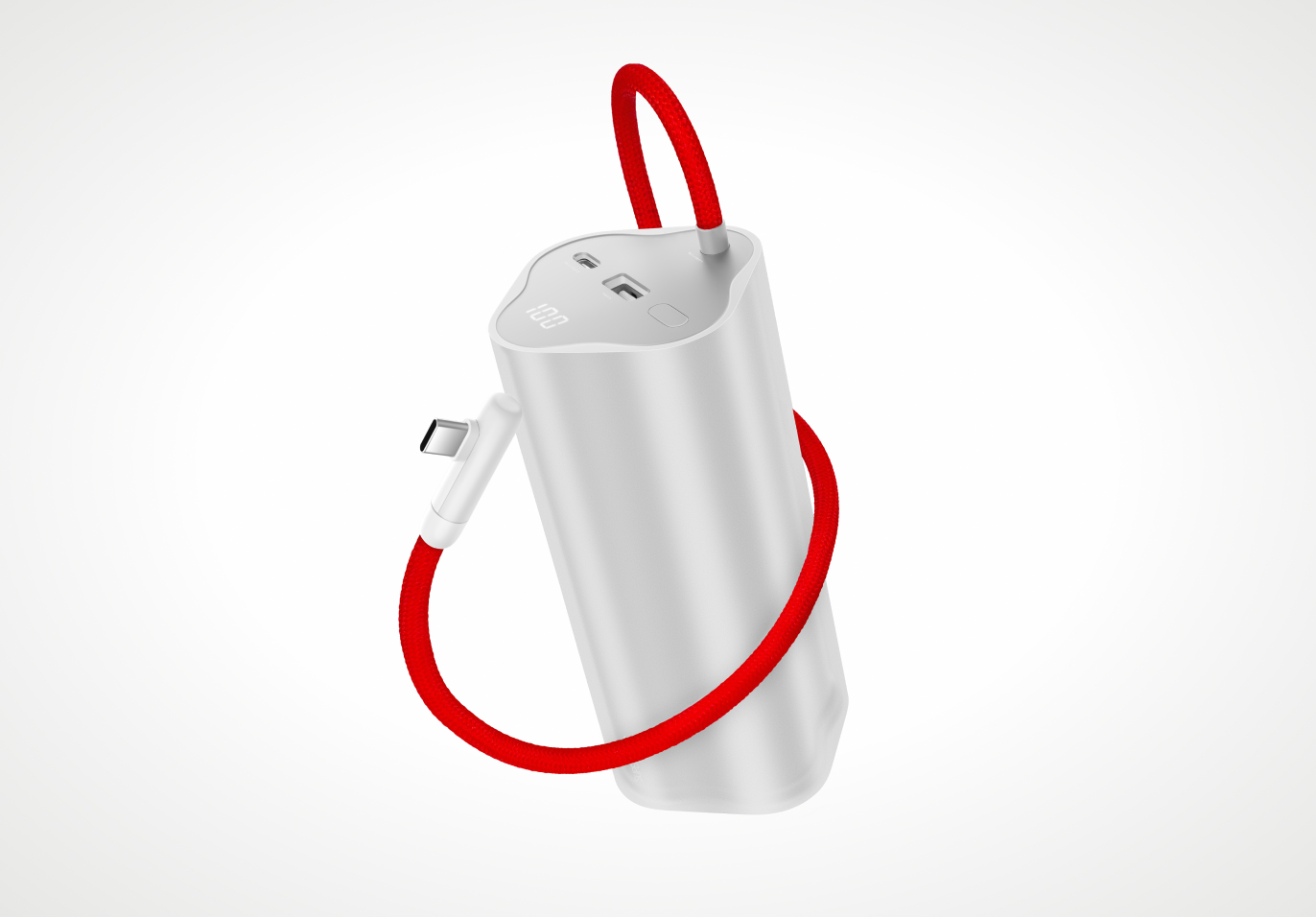 A compact, white portable power bank with a red charging cable.