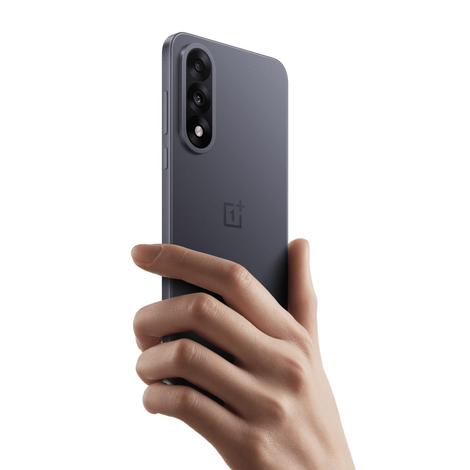 Sleek black smartphone with triple camera.