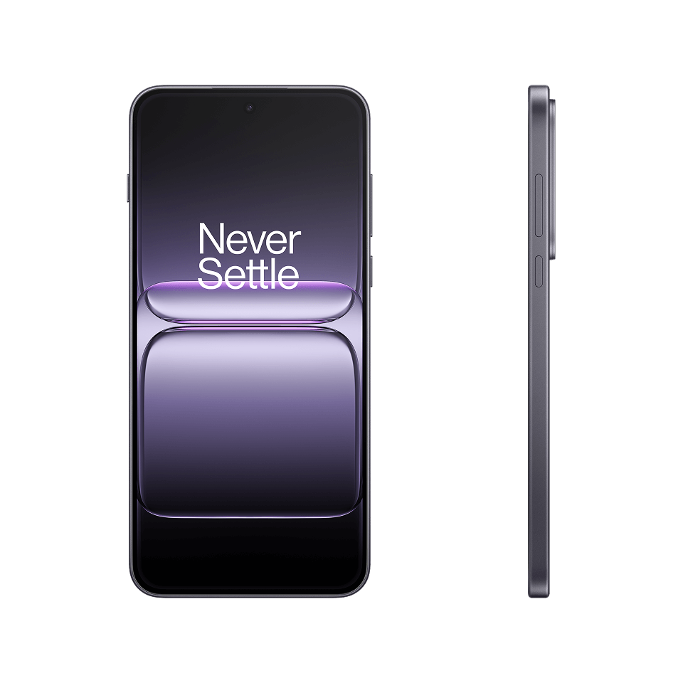 Black smartphone with purple gradient screen displaying "Never Settle".