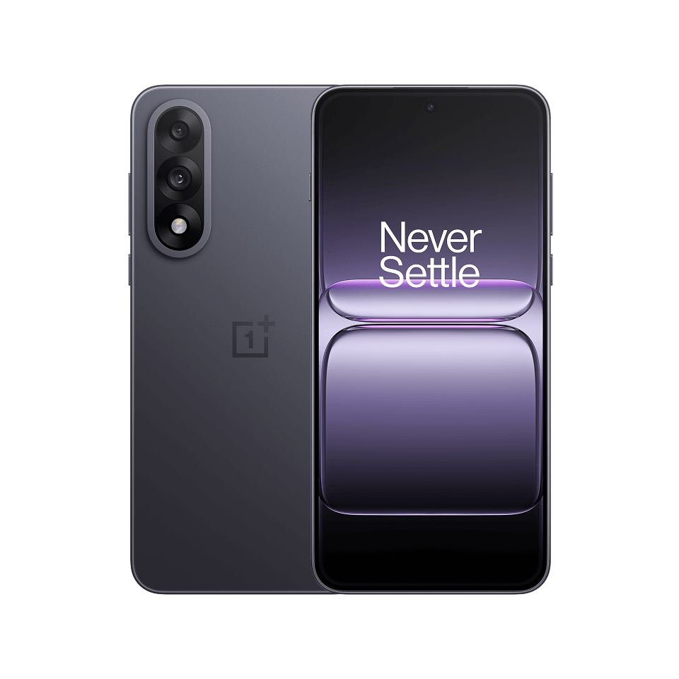 Sleek and modern OnePlus smartphone with triple camera and purple display.