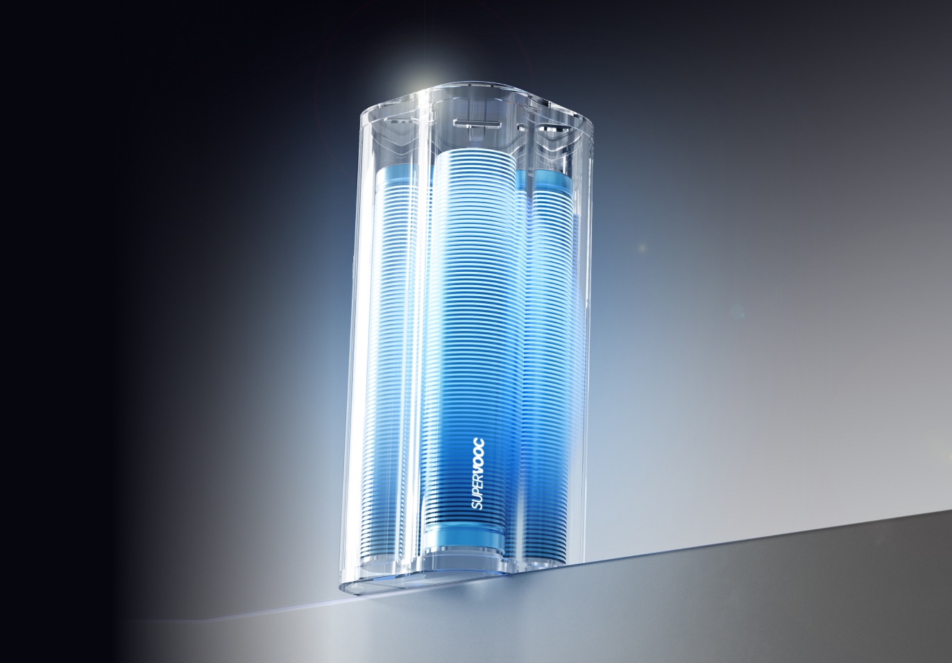 Cylindrical blue and clear plastic water filter device.