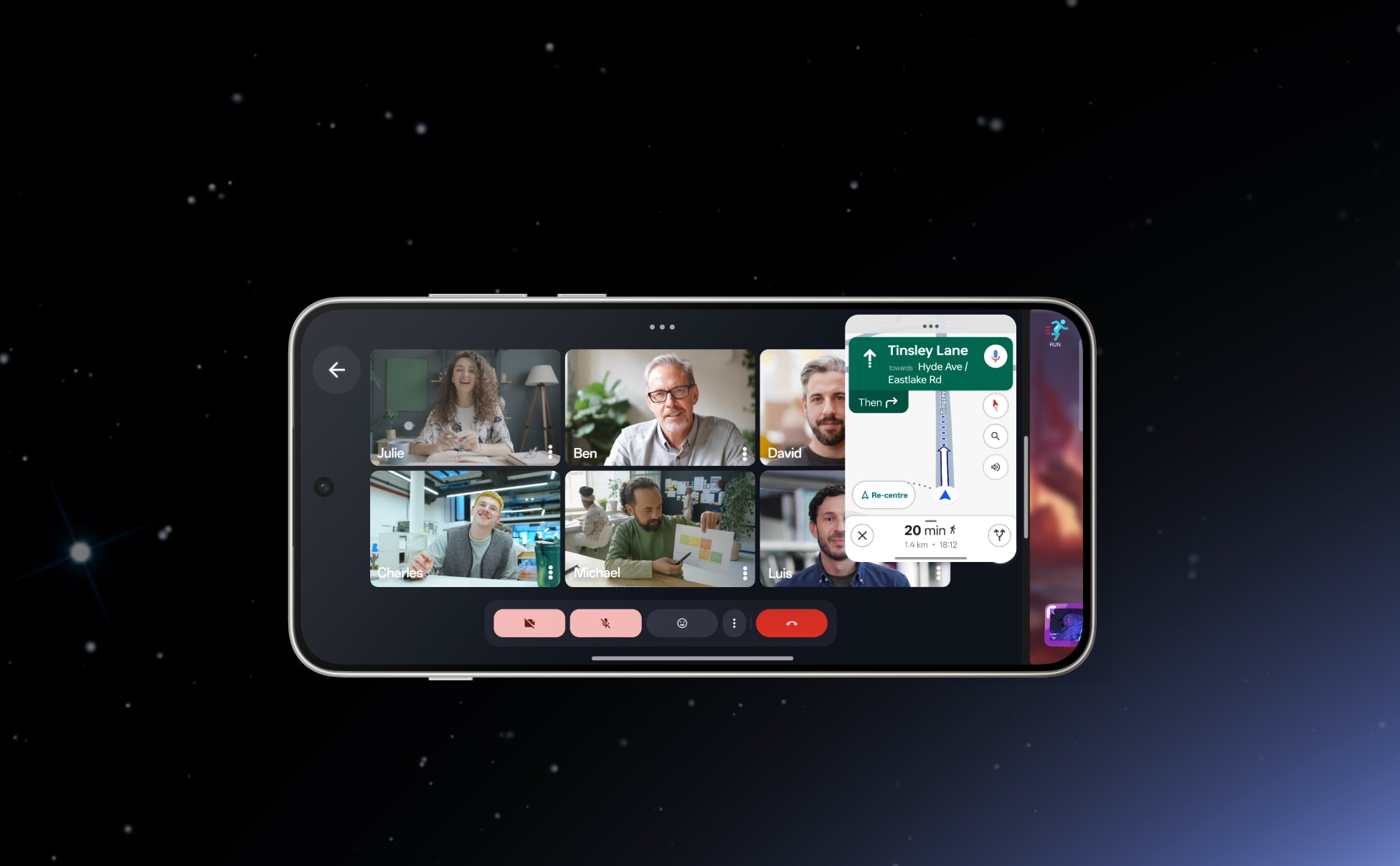 Smartphone display showing a virtual meeting with multiple participants.