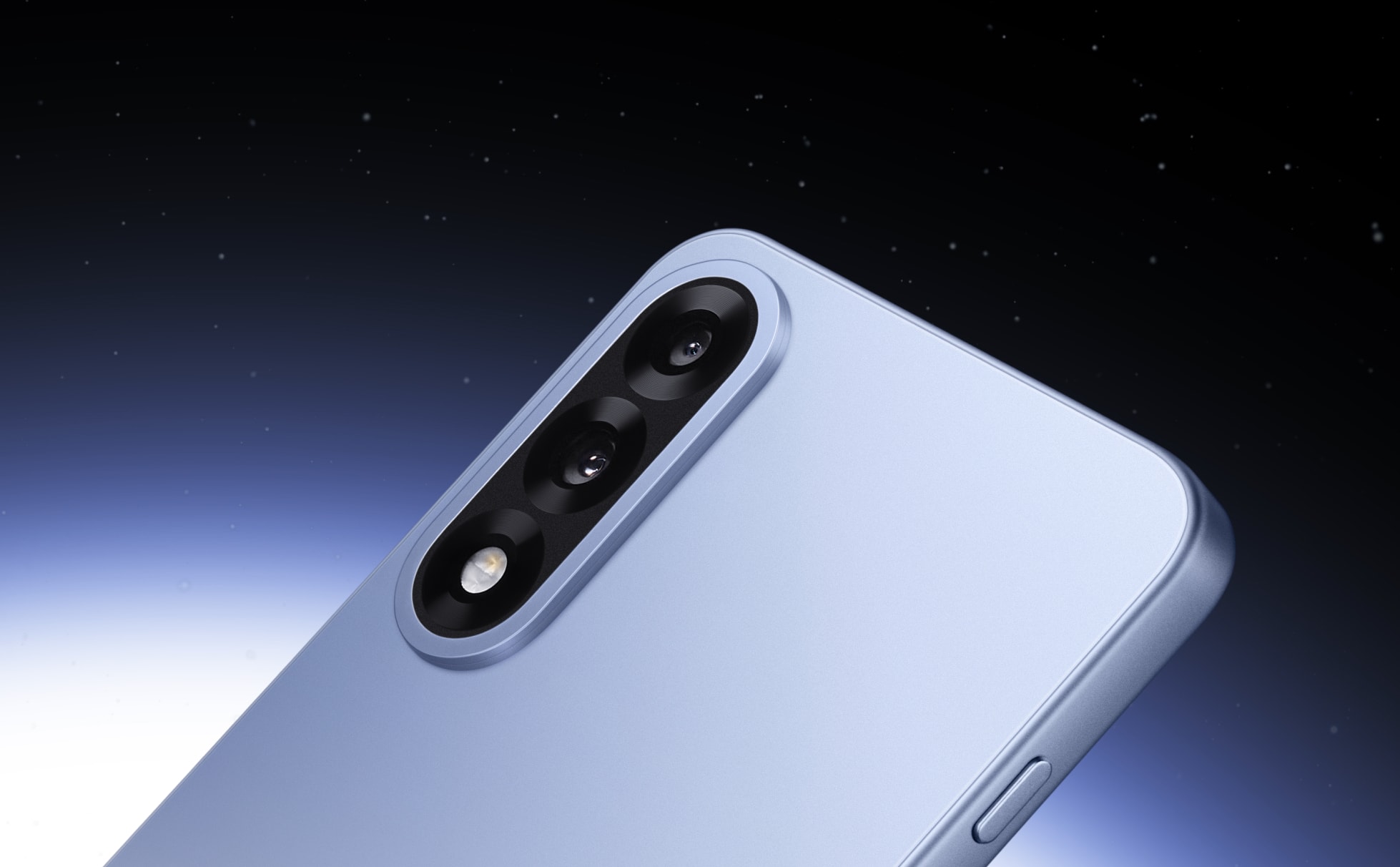 Sleek white smartphone with triple camera lens on night sky background.