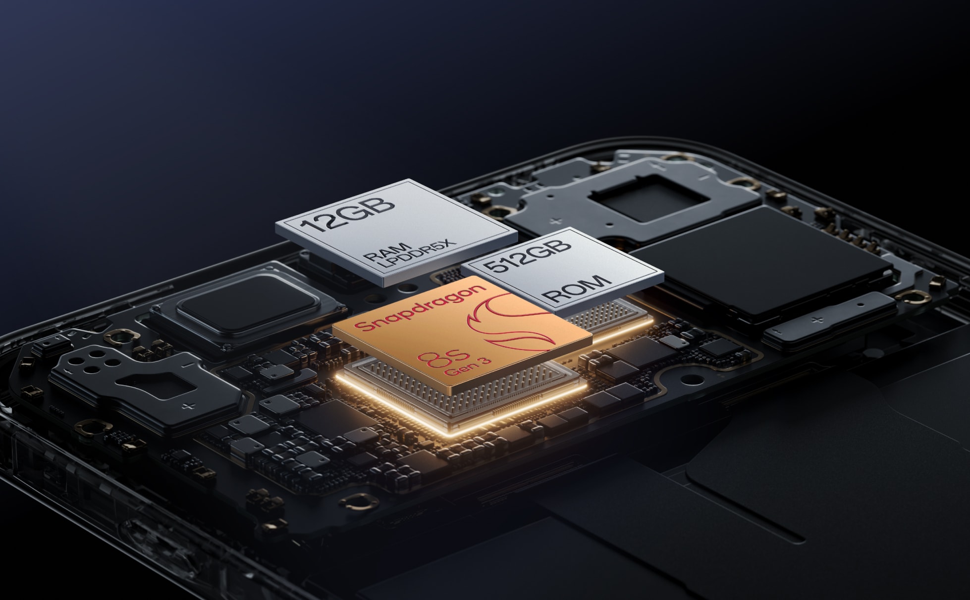 Sleek black computer components featuring Snapdragon processor and memory chips.