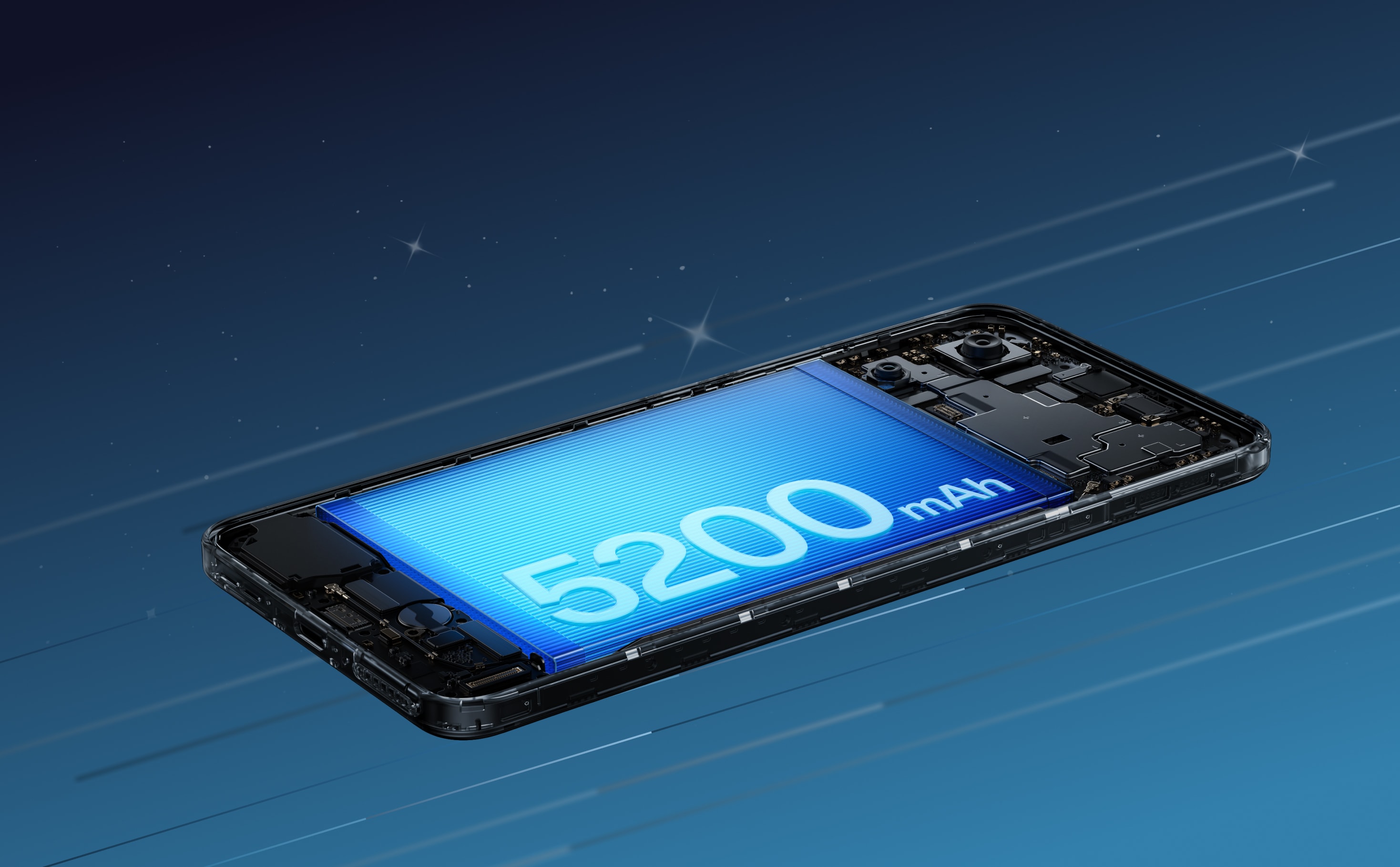 Disassembled smartphone with 5200 mAh on a dark background