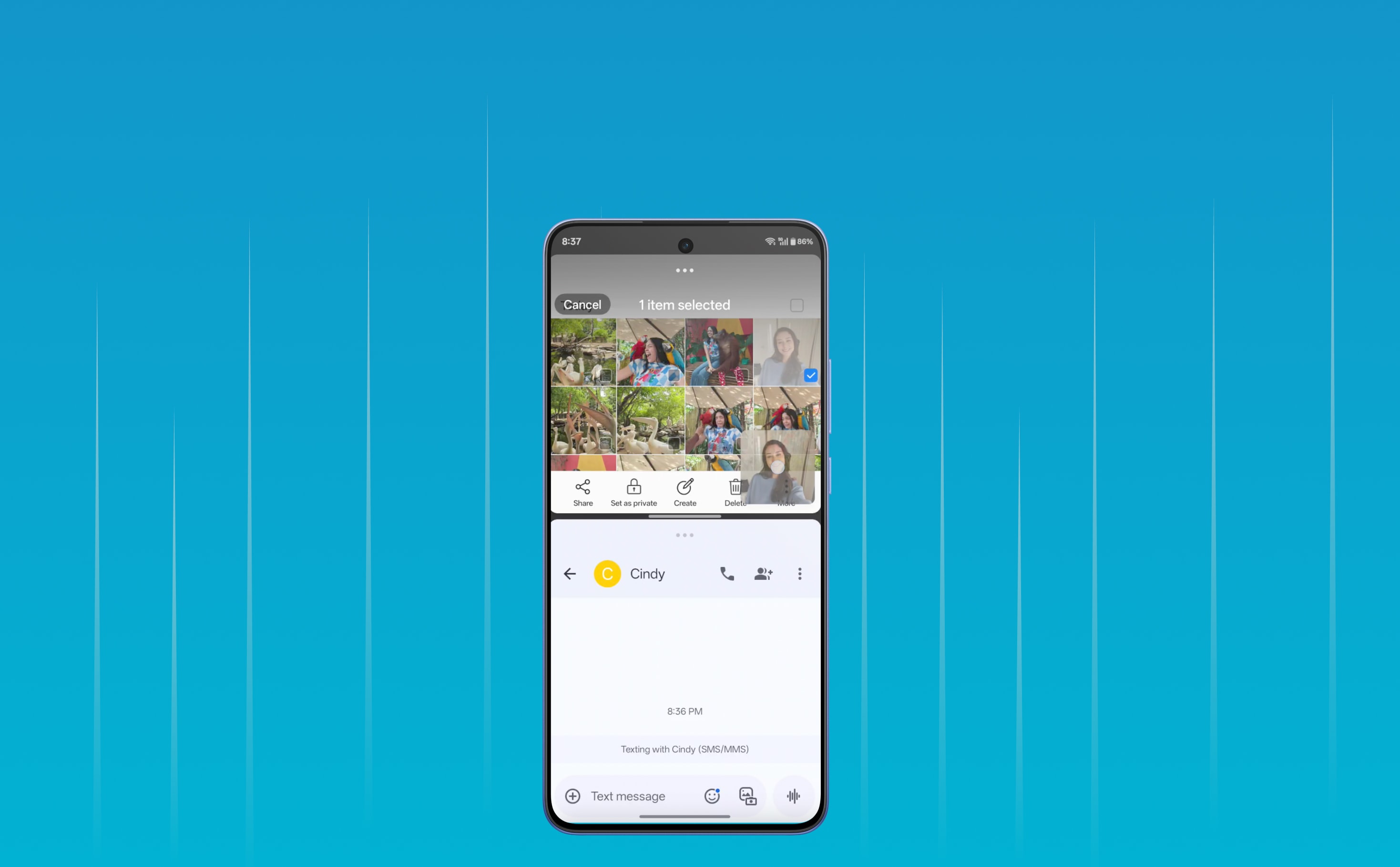 Phone screen showing a collage and messaging interface