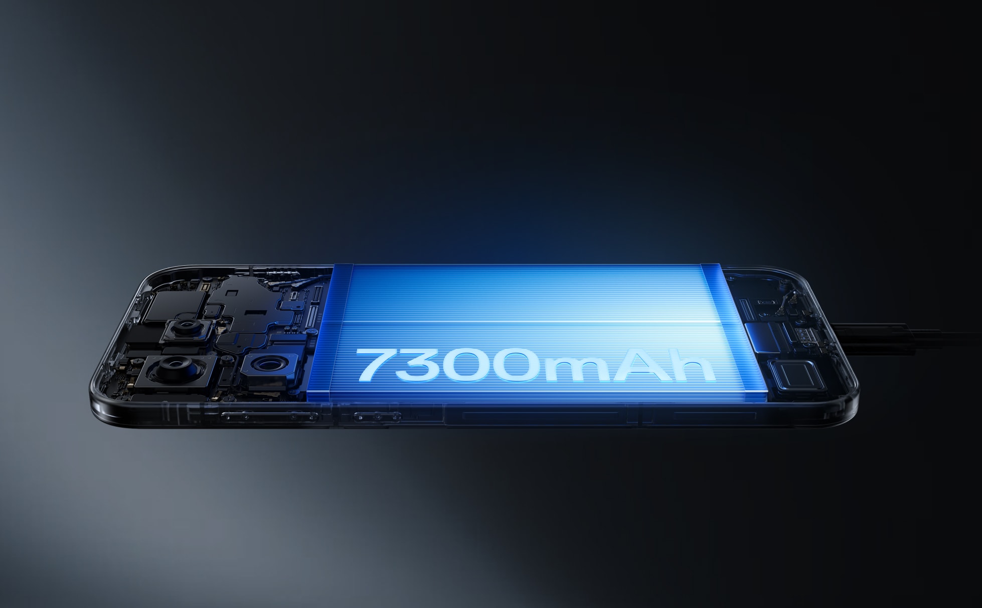 Blue, rectangular mobile device with 7300mAh battery capacity.
