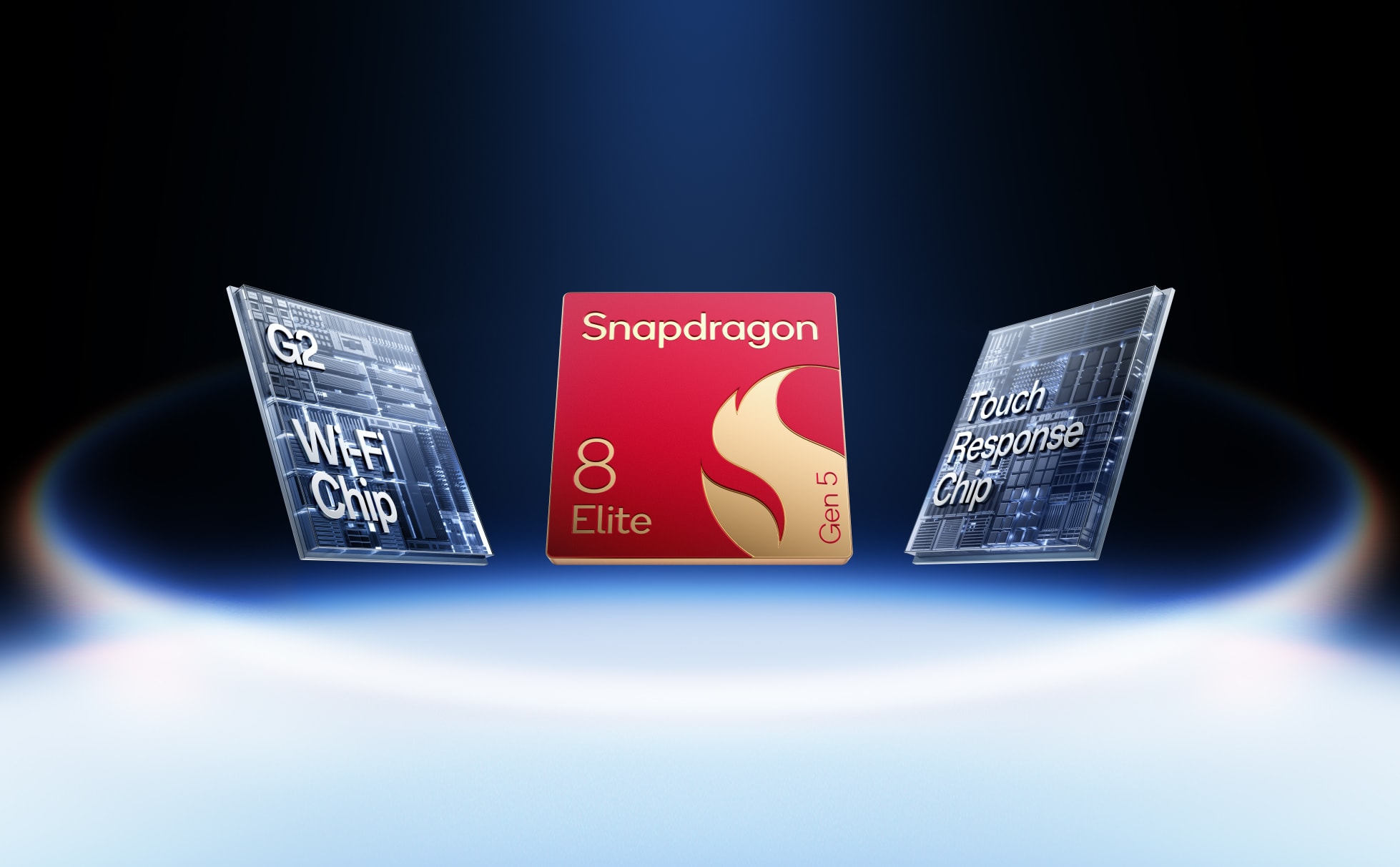 Sleek grey microchips and a red Snapdragon 8 Elite chip against a dark blue background.
